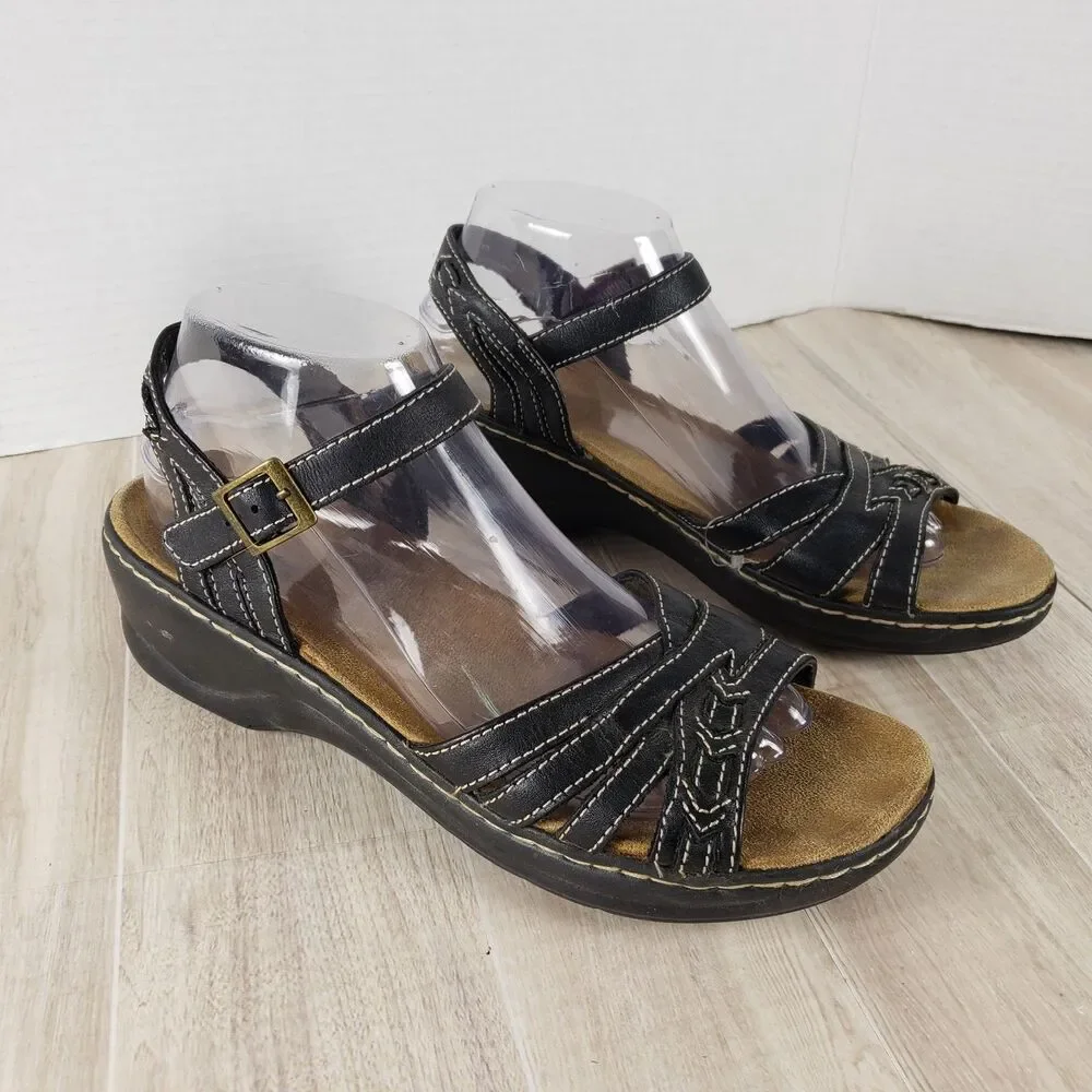Clarks Bendables Black Leather Sandals Women's 9M Adjustable Medallion
